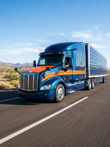 A modern class-8 semi-truck driving on an open highway under bright morning light, editorial depth of field, high contrast.