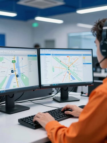 A professional dispatcher working in a modern logistics office, looking at dual-monitor setups displaying clean route tracking dashboards, high-contrast interior lighting.