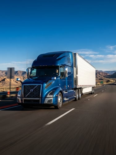 Wide-angle commercial photograph of a clean class-8 logistics truck driving on an open highway under crisp morning daylight, high-contrast blue tones.