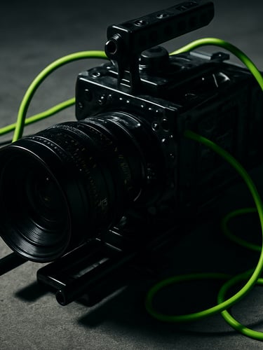 Tight macro shot of a high-end cinema camera rig on a concrete floor, neon green cables, dramatic studio shadows, sharp 35mm lens.