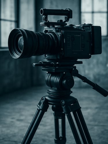 Gritty editorial close-up of a camera rig on a heavy tripod, concrete studio floor, cool-toned daylight streaming through high industrial windows, sharp 35mm lens.