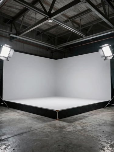Low-angle wide shot of a gritty industrial studio in Uxbridge, concrete floors, exposed metal beams, professional lighting rigs casting dramatic shadows on a central product stage, cool industrial tones, sharp 35mm lens.