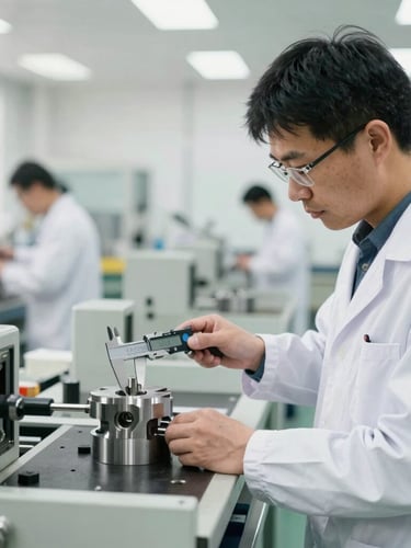 Crisp industrial photography of a quality control inspector measuring a machined part with digital calipers inside a bright, clean, daylight-filled factory, 35mm.