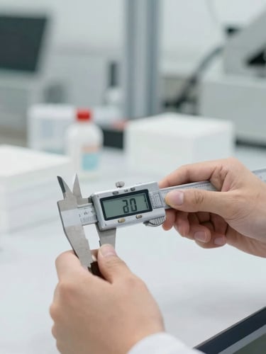 Close-up of a quality control inspector verifying product dimensions with a digital caliper inside a bright, clean, modern testing facility, neutral daylight, sharp focus, 35mm.