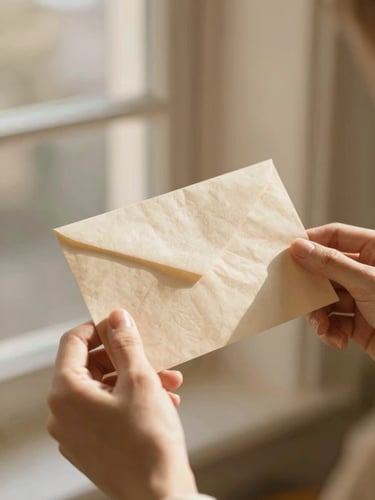 Close-up of hands holding an elegant vintage paper letter, soft golden hour window light, warm champagne tones, shallow depth of field