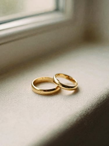 Close-up of two elegant gold wedding bands resting on a textured linen surface, warm golden-hour window light, shallow depth of field, romantic and intimate, 35mm film look.