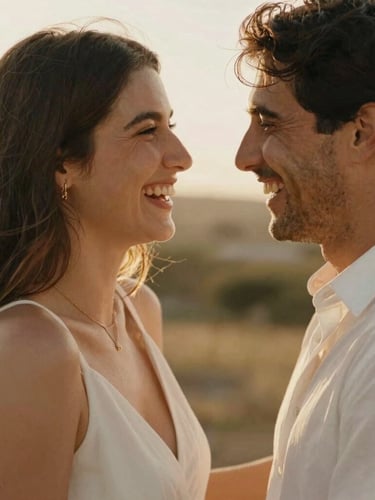Intimate candid portrait of Sofía and Alejandro laughing together, warm golden-hour sunlight, soft champagne tones, shallow depth of field, romantic 35mm film look.