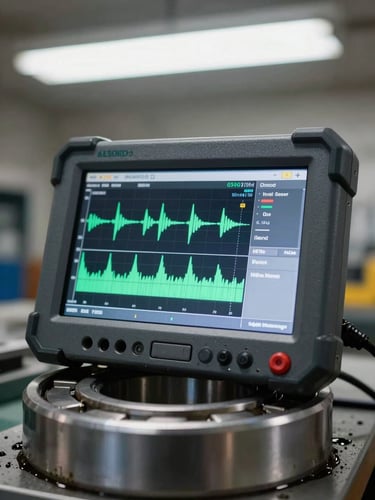 Close-up of a portable vibration analyzer screen showing waveform and FFT spectrum, resting on a steel bearing housing, shop-floor fluorescent light, grease and metal texture in background, no faces