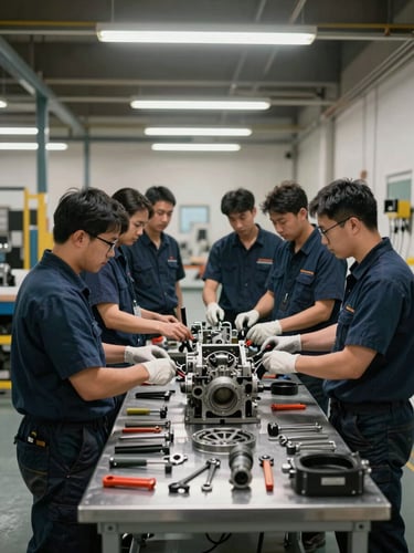 Wide environmental shot of a training floor, technicians gathered around an open gearbox on a workbench, maintenance tools laid out systematically, overhead industrial lighting, steel and concrete surfaces, no posed expressions