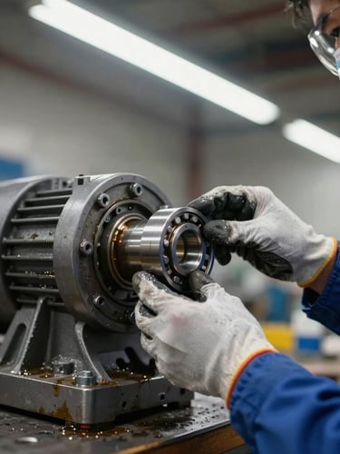 Close-up of a technician's gloved hands adjusting a bearing assembly on a heavy industrial pump housing under shop-floor fluorescent light, metal surfaces showing wear and oil residue, depth of field shallow
