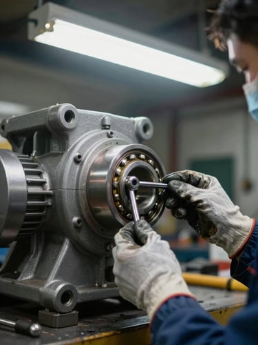 Close-up of a large industrial pump housing under shop-floor fluorescent light, a technician's gloved hands adjusting a bearing cap with a torque wrench, grease and metal detail visible, documentary framing