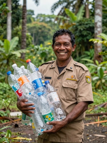 A proud local Papuan environmental officer smiling, holding a clean sorted bale of plastic bottles in bright natural tropical daylight, authentic editorial style.