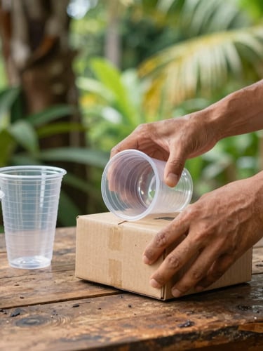 Close-up of hands sorting clean plastic cups and cardboard boxes on a rustic wooden table, bright natural tropical daylight, authentic editorial style.