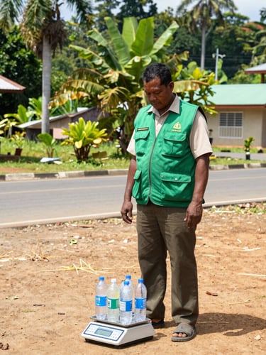 A proud Papuan environmental officer in a green vest weighing plastic bottles on a digital scale in a clean Mimika neighborhood, bright daylight.