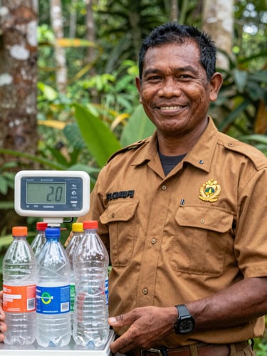 Medium-close shot of a proud Papuan environmental officer smiling, holding a digital scale with sorted plastic bottles, bright natural tropical daylight, 35mm lens.