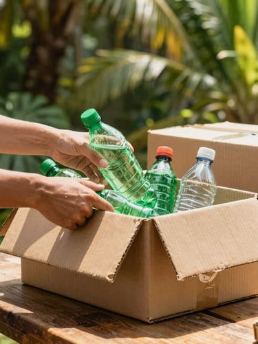 Close-up of hands sorting bright plastic bottles and clean cardboard boxes on a wooden table, warm tropical sunlight, green foliage background