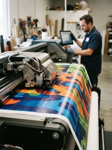 Crisp industrial photography of a large format printer actively printing a vibrant banner, with a worker in the background, sharp focus on texture and color, 35mm.