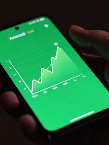Extreme close-up macro shot of a physical Android flagship device screen showing a glowing high-fidelity UI vector graph, dramatic low-key studio lighting with green screen glow illuminating a hand, dark background