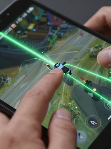 Extreme close-up of a high-fps mobile game running on a premium Android device, finger tapping the screen, electric green trails