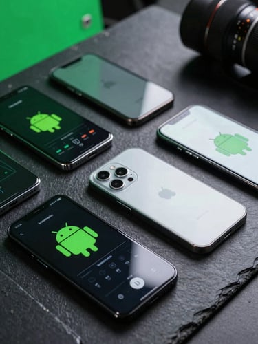 Macro studio shot of multiple physical Android phones arranged on a dark slate workbench, illuminated by the green screen glow of running profiling graphs.