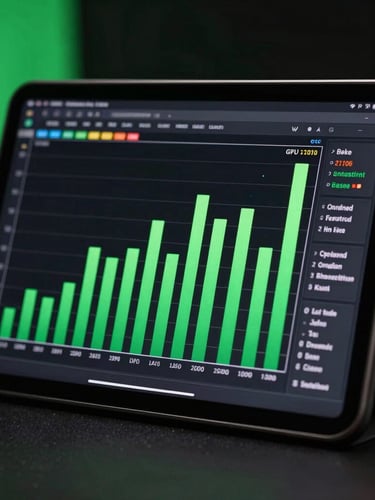 Extreme close-up of a physical Android tablet displaying a real-time GPU rendering profile graph with green bars, low-key studio lighting with a subtle green screen glow.