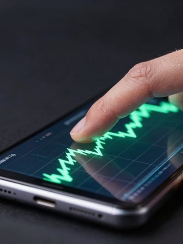 Macro shot of a hand swipe on a high-end Android phone, showing a sharp financial graph with electric green lines glowing under studio lighting, dark background.
