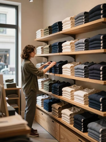 Environmental wide shot inside a small retail boutique, a shop owner arranging folded goods on a wooden shelf under warm window light, full-height shelving visible, natural daylight from the left, no posed expressions