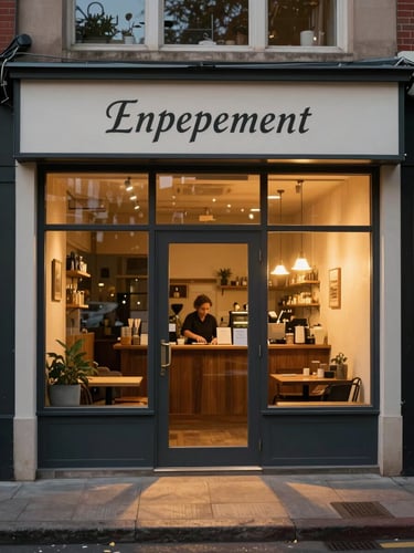 A barista works inside the warm, cozy interior of Enpepement cafe with a glass storefront.