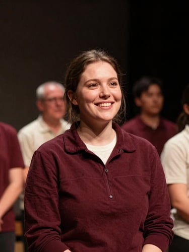 Warm editorial portrait of a local Indiana resident smiling during a community theatre rehearsal, soft stage lighting, rich burgundy and cream tones, intimate candid framing, 35mm film grain