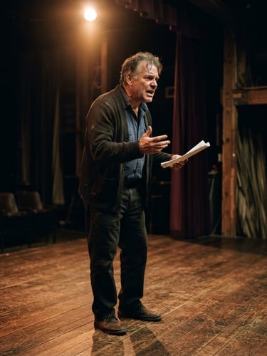 Warm low-key stage lighting, a local Indiana resident rehearsing a dramatic monologue on a wooden stage, intimate candid framing, 35mm film grain