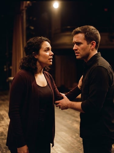 Warm low-key stage lighting on two local Indiana actors rehearsing a dramatic scene on a wooden stage, intimate candid 35mm film style
