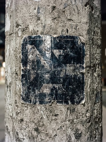 Harsh direct flash photo of a vinyl sticker slapped on a gritty concrete street pole, high-contrast urban texture, 35mm film grain.