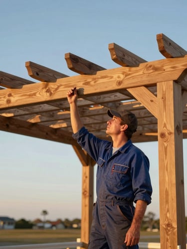 Portrait of an experienced carpenter in clean workwear inspecting a finished pergola structure against a clear Pensacola sky, warm golden-hour light, 35mm.
