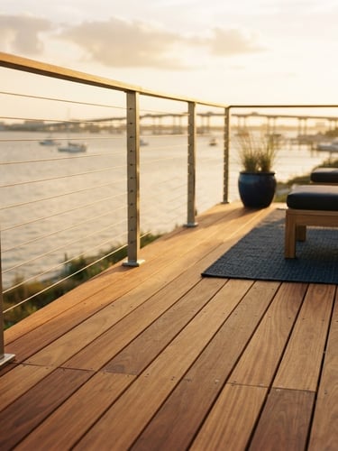 Architectural low-angle shot of a premium ipe wood deck with hidden fasteners, overlooking Pensacola Bay at golden hour, warm coastal sunlight, shallow depth of field, 35mm