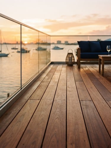 Architectural low-angle shot of a premium ipe wood deck with hidden fasteners, overlooking the Pensacola bay at golden hour, warm coastal sunlight, 35mm.