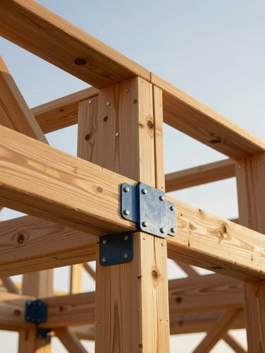 Low-angle architectural photograph of a custom ipe wood deck framing, showcasing heavy-duty galvanized structural connectors and precise timber joinery under bright Florida sun