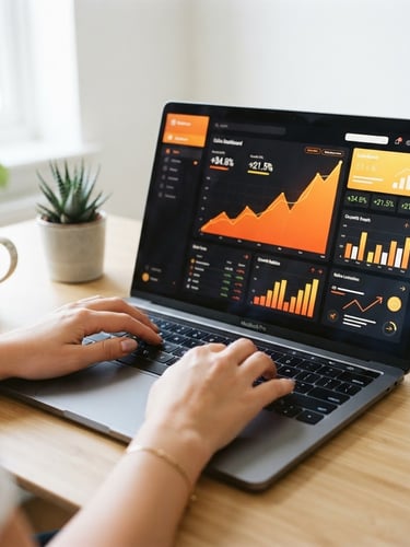 Close-up of hands typing on a laptop displaying a growing sales dashboard, sharp natural light, vibrant orange interface elements, minimalist office setting, 35mm