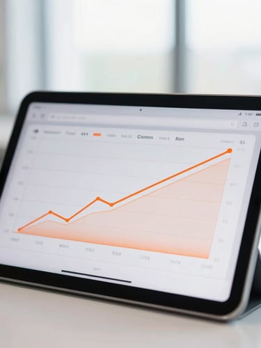 A close-up of a modern dashboard showing growing sales metrics on a tablet screen, sharp natural light, vibrant orange accent lines, clean minimalist office setting, 35mm