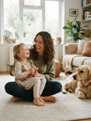 Warm editorial photography, soft natural window light, muted organic tones, candid and authentic, shallow depth of field. A modern, authentic living room where a mother sits on a cream rug, laughing with her young daughter while a golden retriever rests nearby.