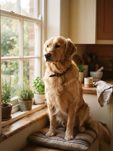 A golden retriever sitting calmly by a sunlit kitchen window, soft natural morning light, warm editorial style, shallow depth of field