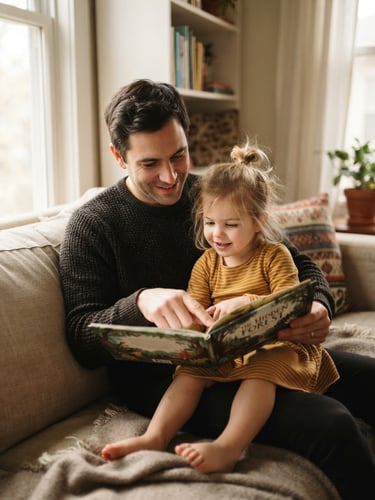 Candid, unposed moment of a father and young daughter reading a book together on a sofa, soft natural window light, warm organic tones, shallow depth of field.