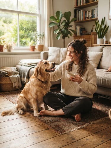A cozy sunlit living room where a person sits on a wooden floor, drinking coffee and gently petting a golden retriever, soft window light, warm editorial photography.