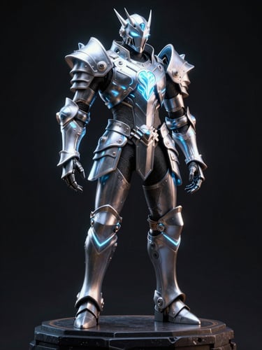 cinematic 3d digital render, dramatic neon rim lighting, high-contrast dark cyber tones, ultra-detailed game engine capture of glowing fantasy armor on a dark stone pedestal