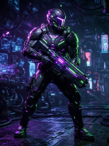 Cinematic 3D render of a futuristic cyber warrior wearing glowing electric purple and neon green armor, dramatic rim lighting, dark cybernetic background, high-contrast game engine capture