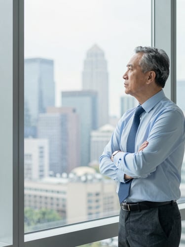 Crisp corporate photography of a focused senior architect standing by a bright window overlooking a city skyline, natural lighting, cool professional tones, 35mm