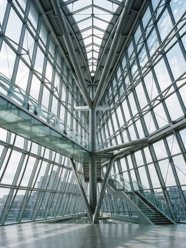 Wide, structured composition of abstract architectural details in a modern corporate building, bright natural lighting, cool professional tones, 35mm