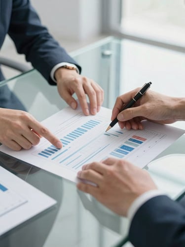 Portrait of hands reviewing clean data visualizations on a glass table, cool professional tones, bright natural lighting, precise architectural framing.