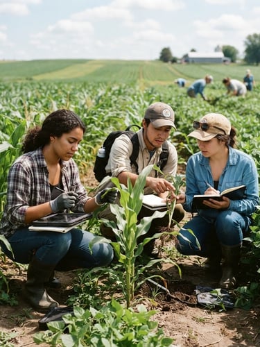 Students actively engaged in agricultural field research, examining plant samples, bright natural daylight, professional documentary style, 35mm.