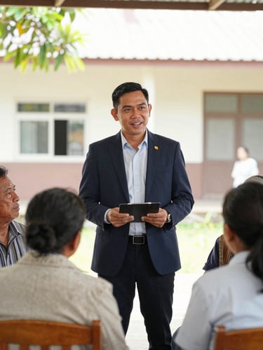 Professional portrait of a successful GMVCC Tinambac alumnus in a local community development project, interacting with residents, bright natural daylight, warm authentic colors, professional documentary style, 35mm.