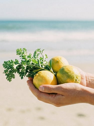 Hands gently holding fresh, sun-dappled coastal herbs and citrus fruits, soft warm daylight, shallow depth of field